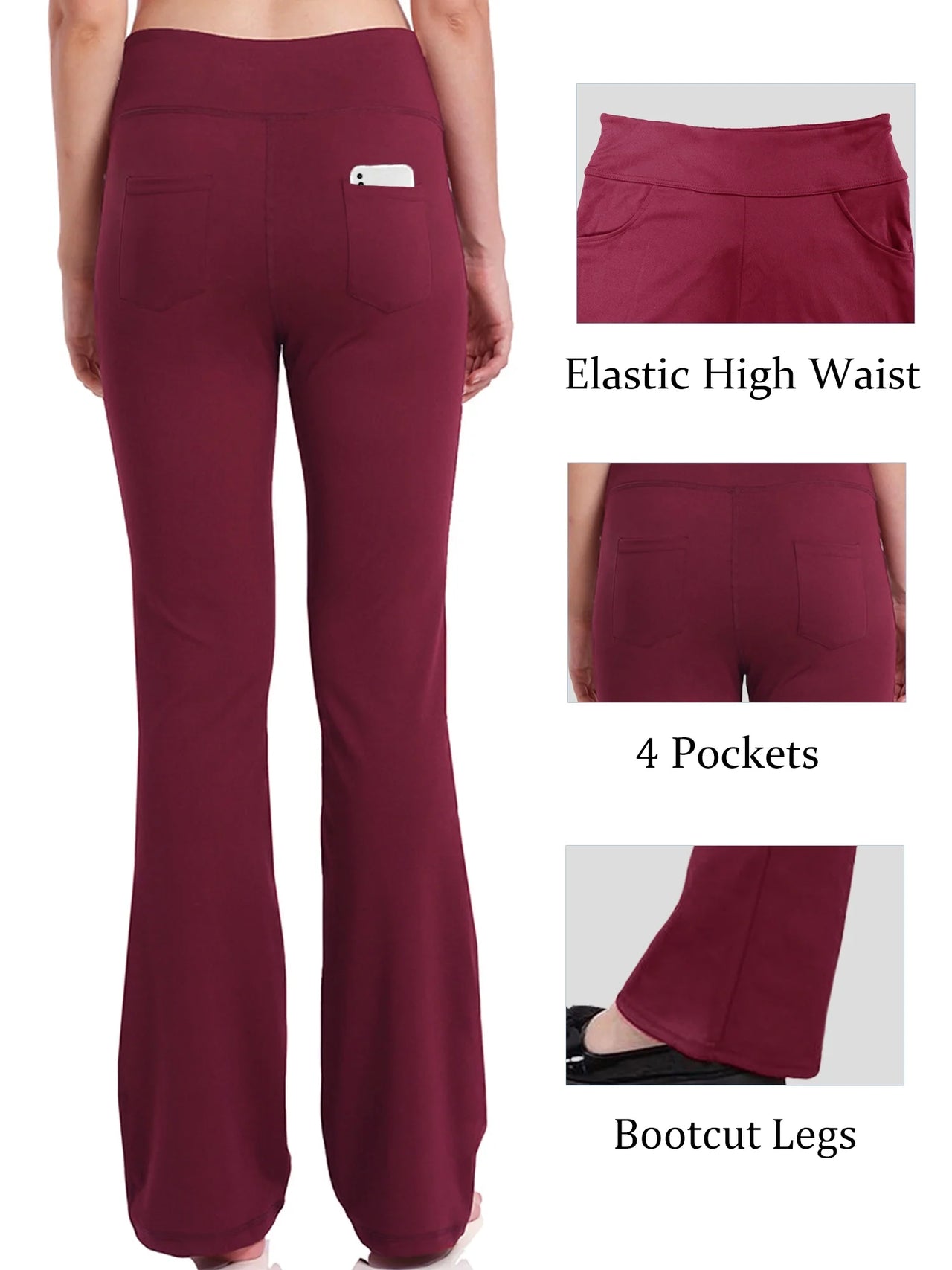 Women Bootcut Yoga Pants with Pockets Female High Waist Bootleg Trousers Workout Activewear Dark Red 2XL