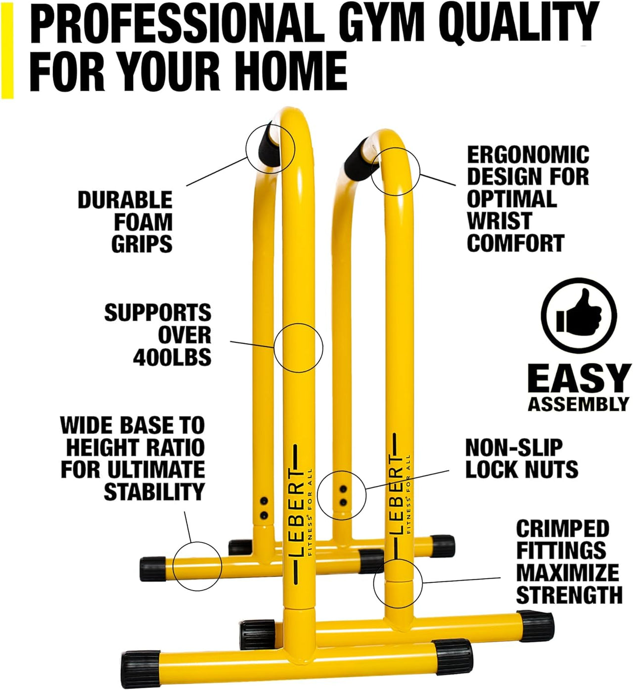 Dip Bar Stand - Original Equalizer Total Body Strengthener Pull up Bar Home Gym Exercise Equipment Dipping Station - Hip Resistance Band, Workout Guide and Online Group - Yellow