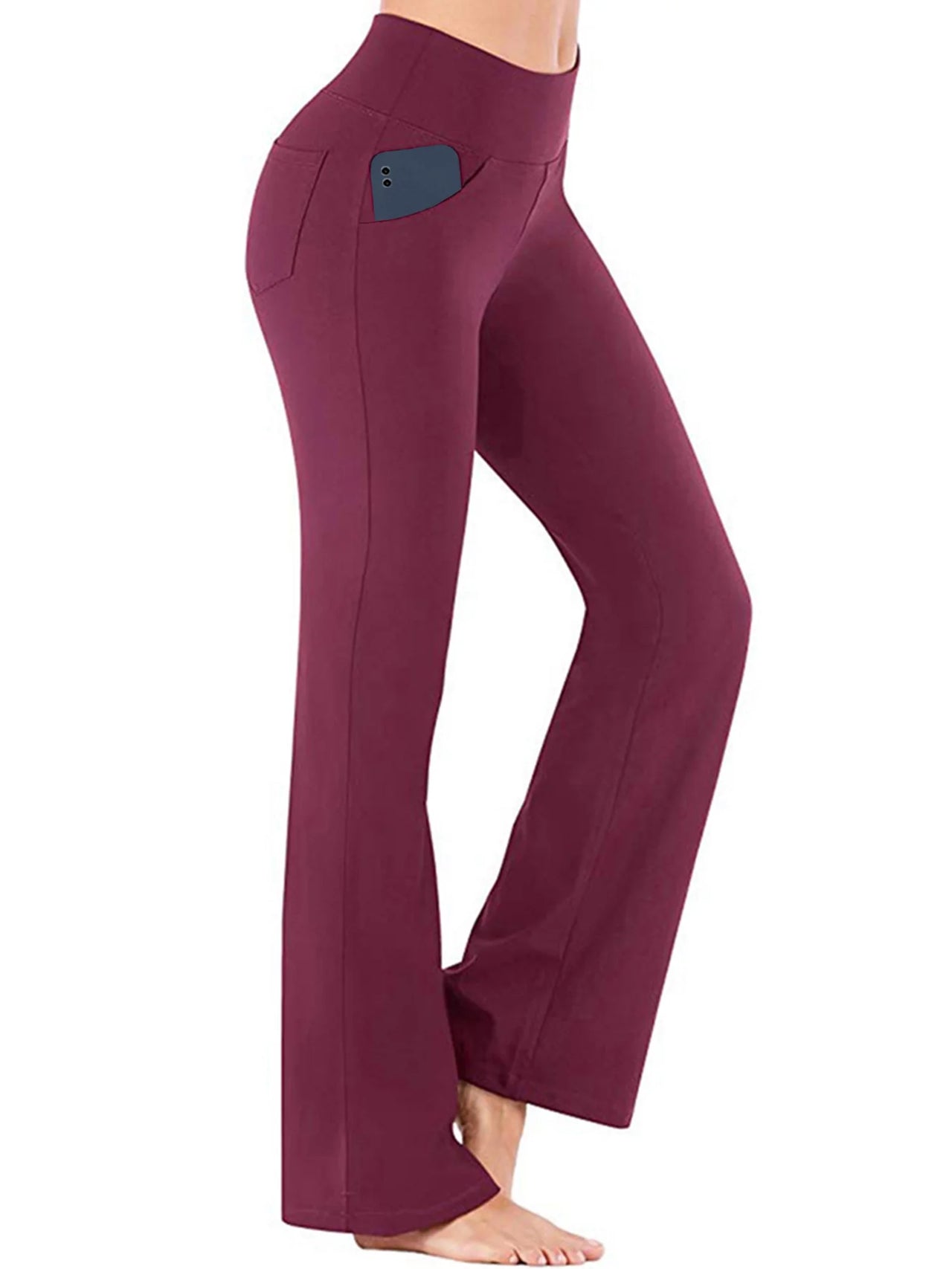 Women Bootcut Yoga Pants with Pockets Female High Waist Bootleg Trousers Workout Activewear Dark Red 2XL