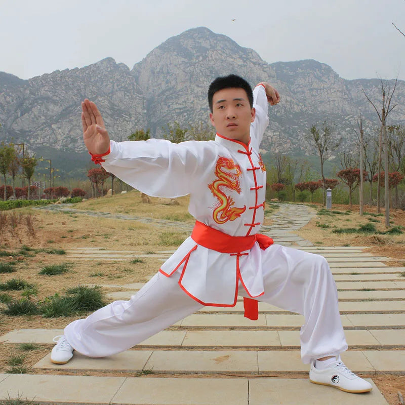 HX09 White Double Dragon Traditional Chinese Tai Chi Clothing Long-Sleeve Kungfu Uniforms Wushu Taichi Martial Arts Suit