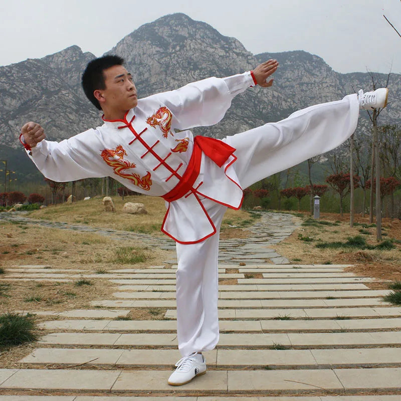 HX09 White Double Dragon Traditional Chinese Tai Chi Clothing Long-Sleeve Kungfu Uniforms Wushu Taichi Martial Arts Suit