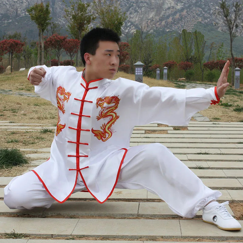 HX09 White Double Dragon Traditional Chinese Tai Chi Clothing Long-Sleeve Kungfu Uniforms Wushu Taichi Martial Arts Suit