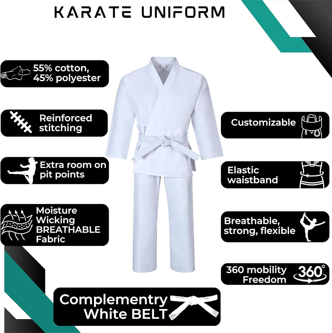 Karate Gi Martial Arts Elastic Drawstring Karate Uniform for Kids & Adult Lightweight Student Gi with Free Belt