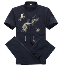 Thumbnail for Chinese Men Cotton Kung Fu Suit Embroidery  Wu Shu Uniform Tai Chi Clothing Short Sleeve Shirt+Pant M L XL XXL XXXL MS013