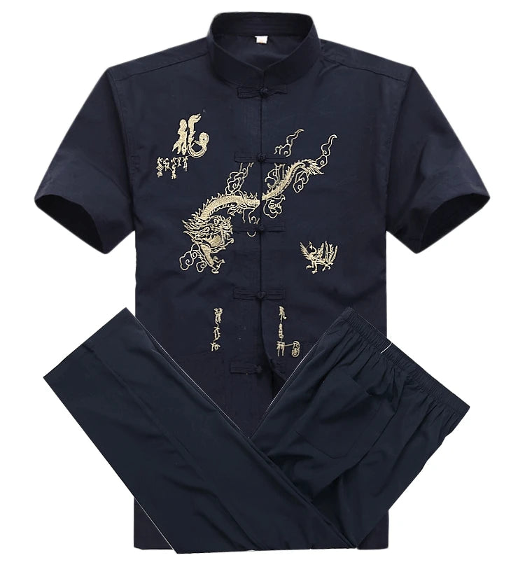 Chinese Men Cotton Kung Fu Suit Embroidery  Wu Shu Uniform Tai Chi Clothing Short Sleeve Shirt+Pant M L XL XXL XXXL MS013