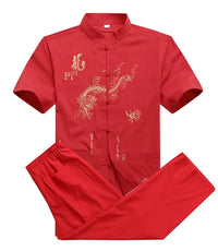 Thumbnail for Chinese Men Cotton Kung Fu Suit Embroidery  Wu Shu Uniform Tai Chi Clothing Short Sleeve Shirt+Pant M L XL XXL XXXL MS013