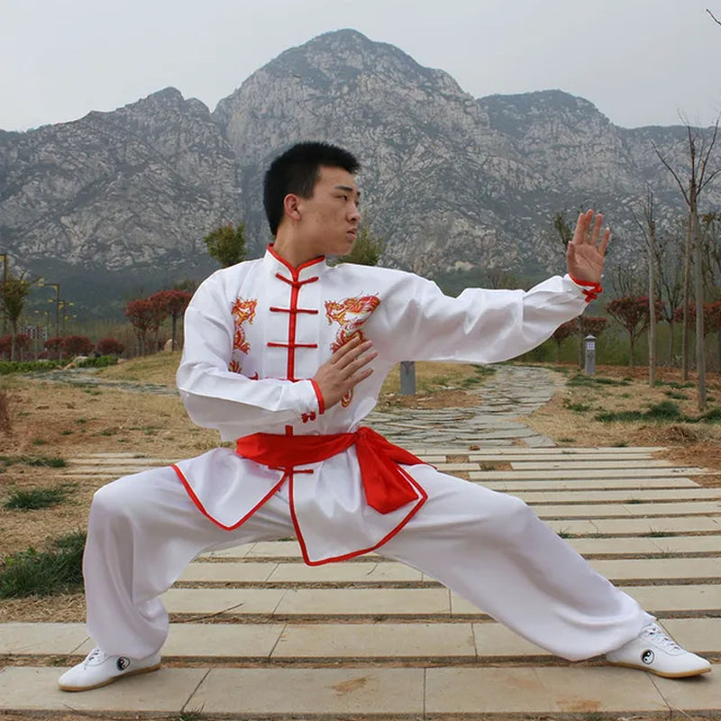 HX09 White Double Dragon Traditional Chinese Tai Chi Clothing Long-Sleeve Kungfu Uniforms Wushu Taichi Martial Arts Suit