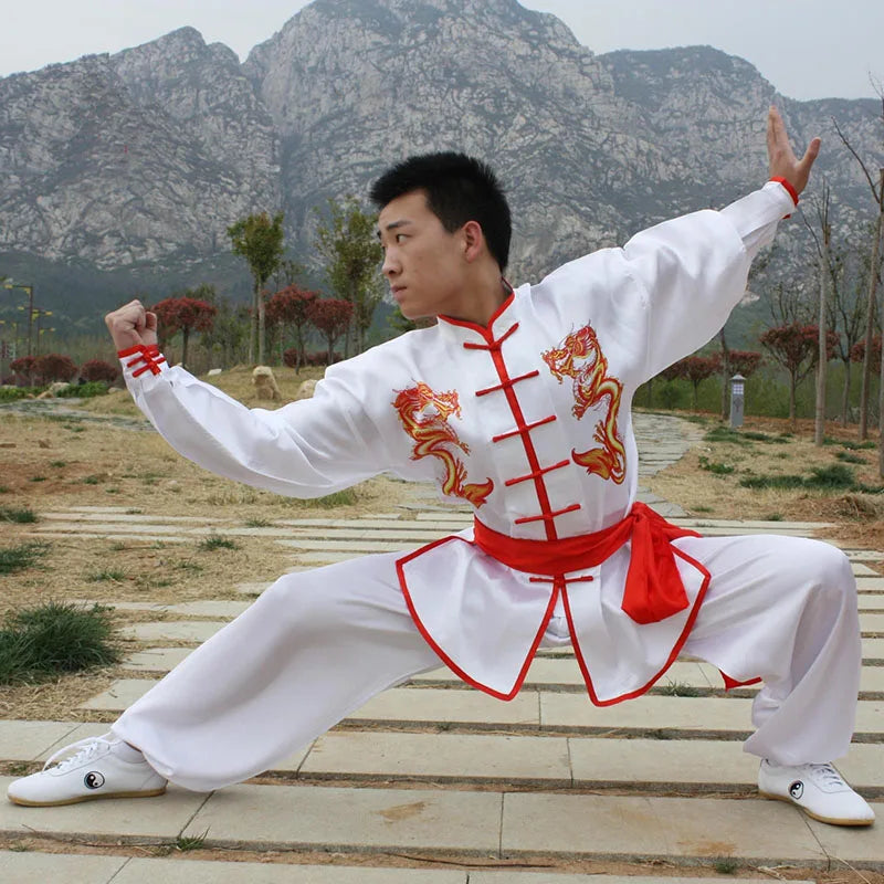 HX09 White Double Dragon Traditional Chinese Tai Chi Clothing Long-Sleeve Kungfu Uniforms Wushu Taichi Martial Arts Suit